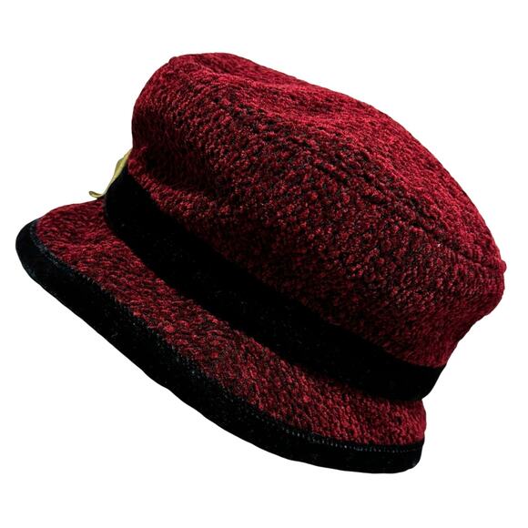 Toucan burgundy red chenille bucket hat black trim flowers on hatband soft warm - Picture 6 of 10